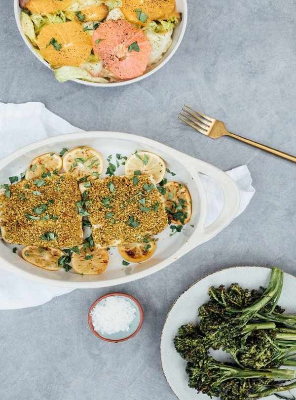 pistachio crusted halibut with sides
