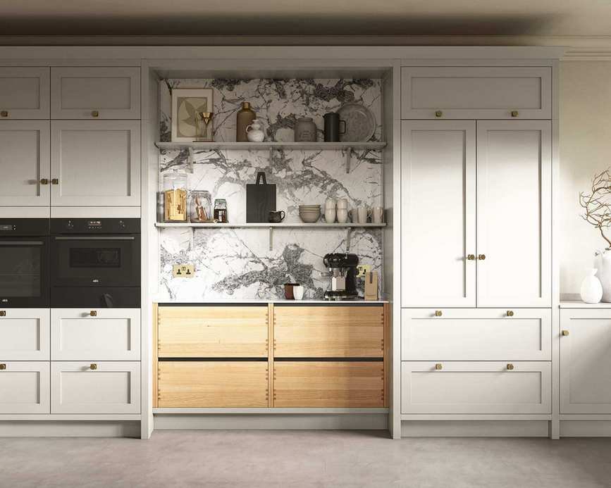 One-wall kitchen with Shaker cabinets and marble backsplash
