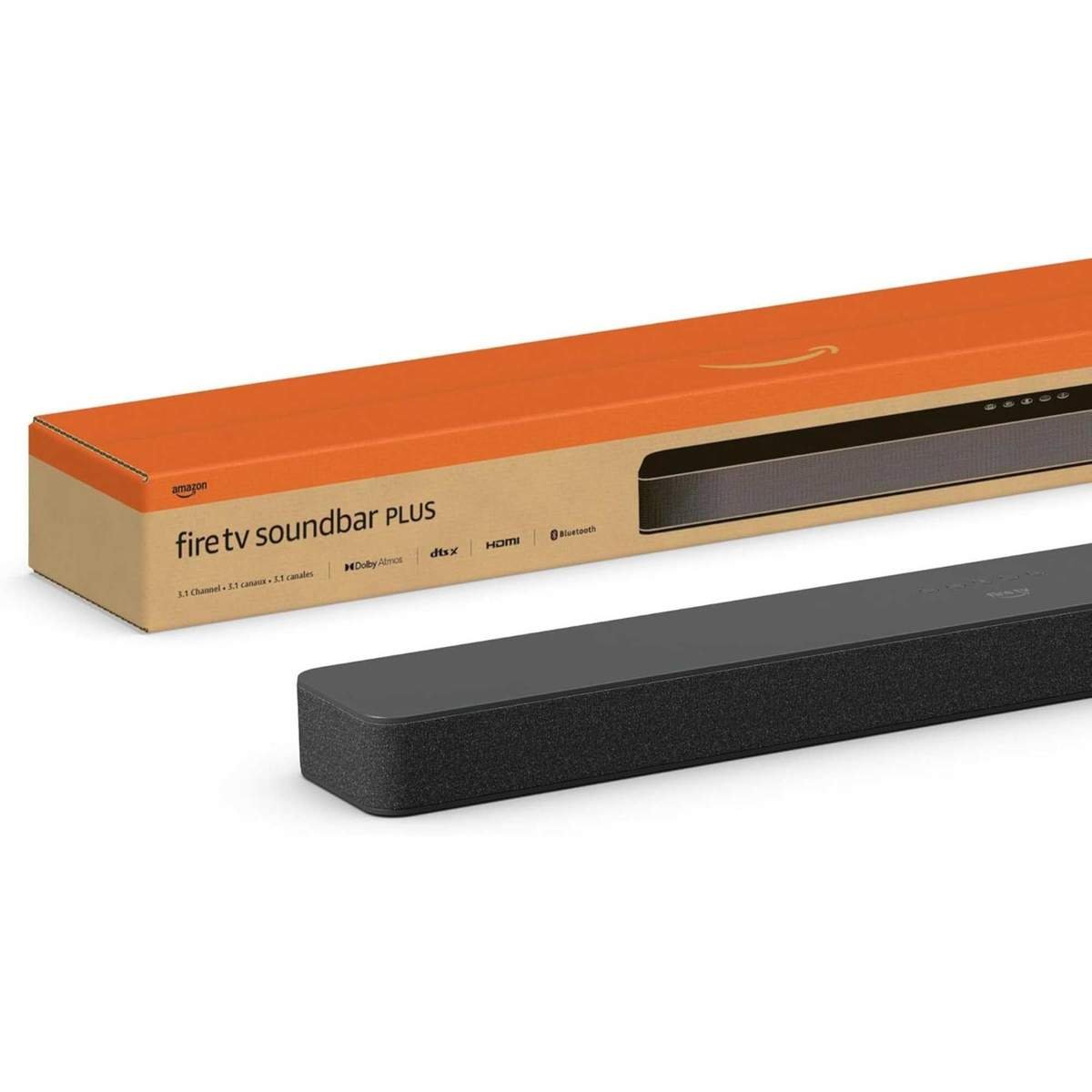 Fire TV Soundbar Plus with packaging against white background.