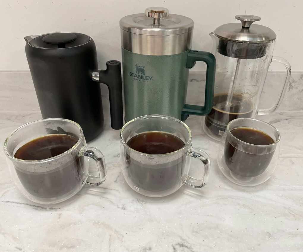 Fellow Clara French Press next to the Stanley and Zwilling