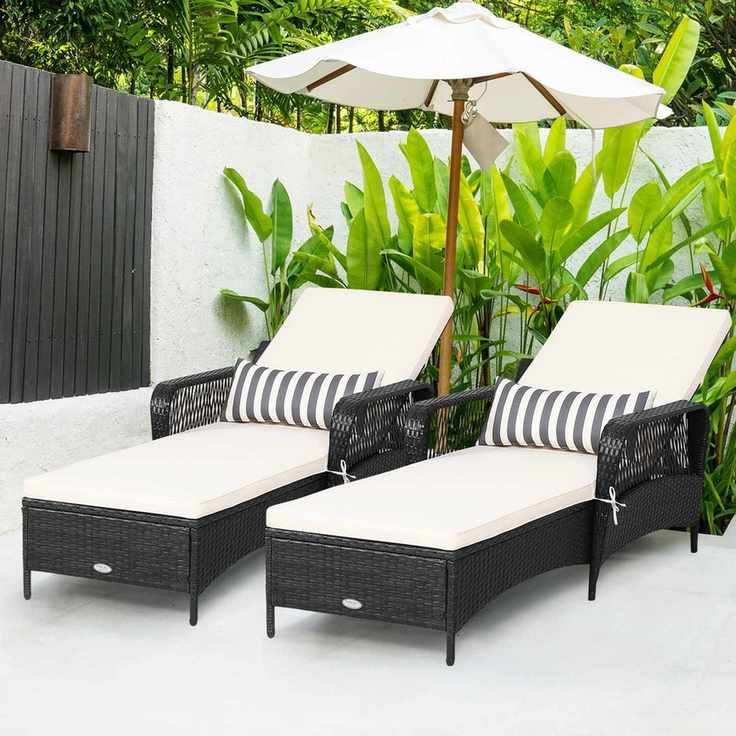 Gymax Set of 2 Adjustable Patio Rattan Lounge Chair Chaise Recliner w Cushion &amp;amp; Pillow