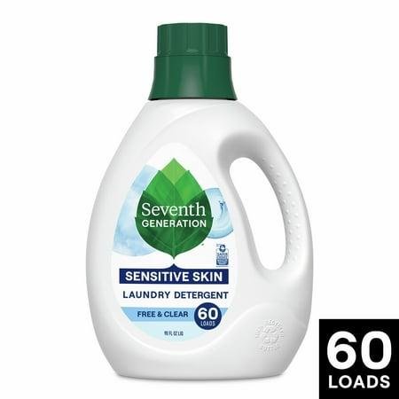 A large white plastic detergent bottle with a green screw cap lid.