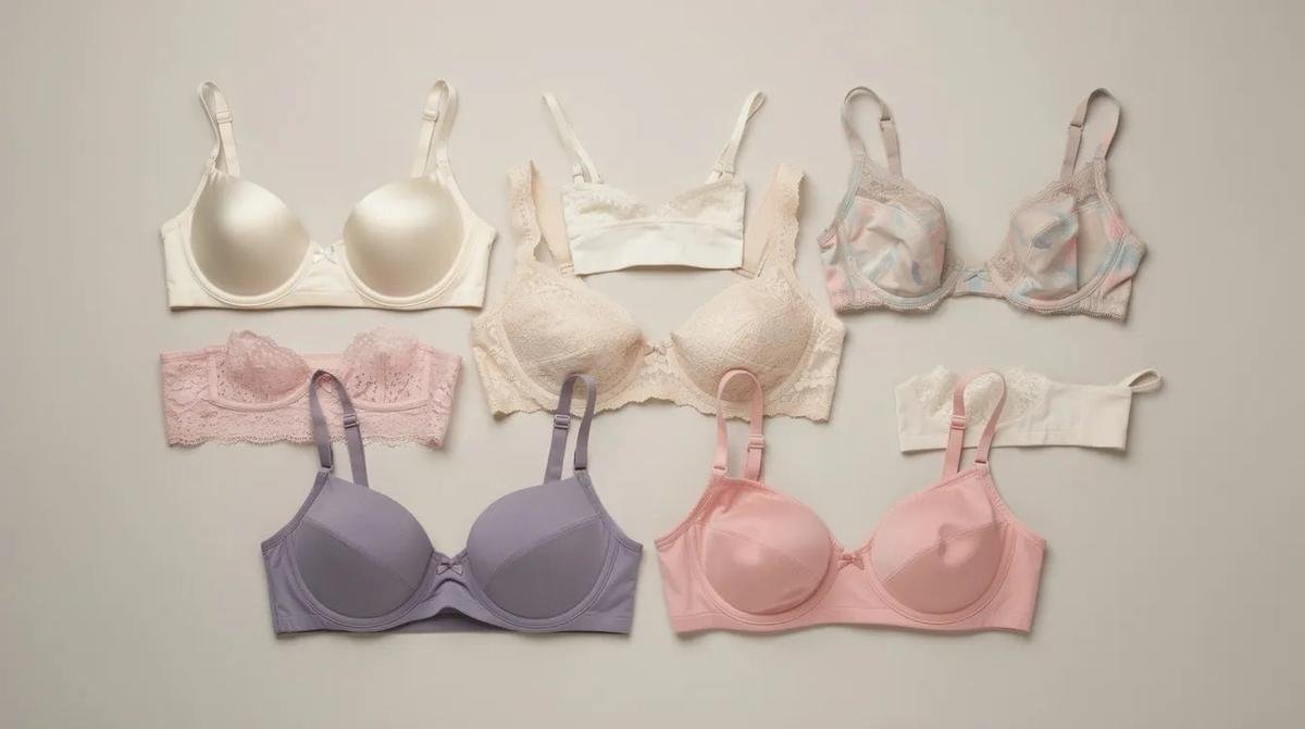 Various bra styles, including t-shirt bras, balconettes, and wireless bras, all displayed flat to showcase the diversity in styles and fits for optimal support and comfort.