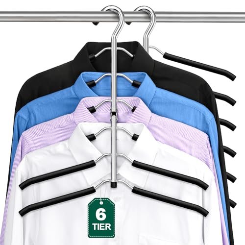 Doiown Space Saving 6 Tier Coat Hangers - Non Slip Foam Padded, Black Metal Sweater &amp;amp; T Shirt Hangers for Men &amp;amp; Women, 2 Pack Closet Organizers