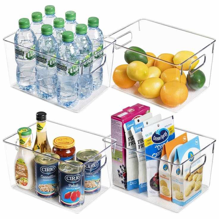 Four clear plastic freezer bins with integrated handles