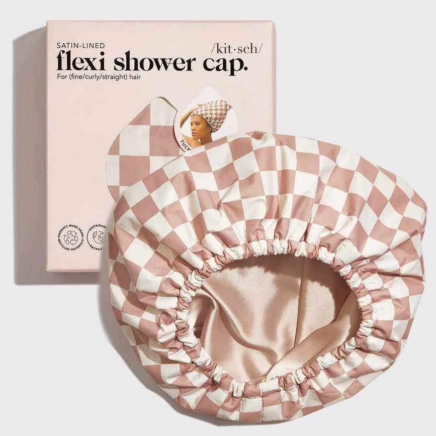 Terracotta Checker Satin Lined Flexi Shower Cap for Thick Hair