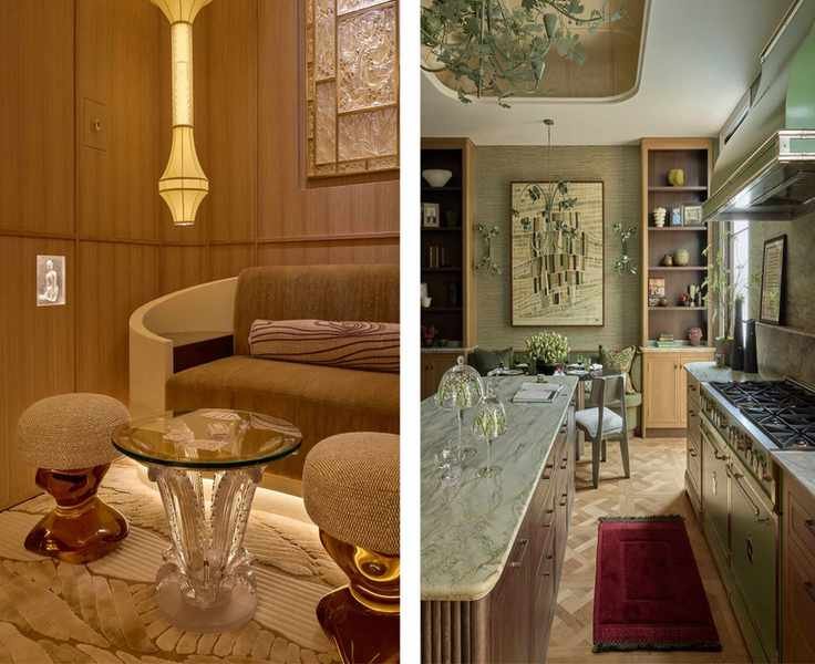 Premium interiors side by side: the left displays a wood-paneled lounge with a curved sofa and a glass-base table; the right features a chic green kitchen and dining area with a marble-top island.