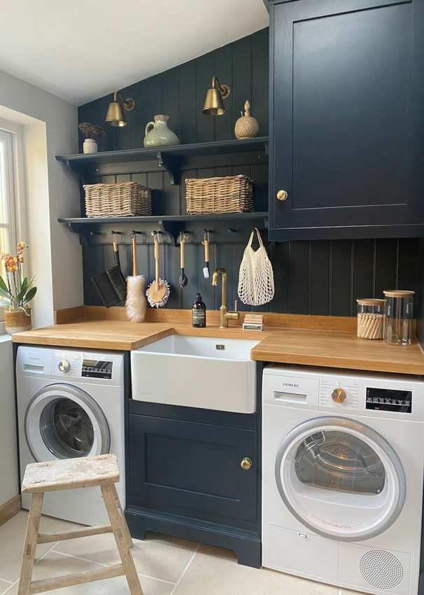Laundry room with midnight blue cabinetry and wooden accents.