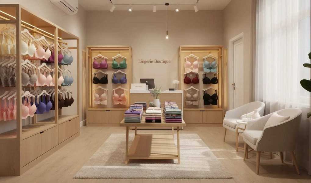 The image shows a cozy lingerie store, featuring neatly arranged displays of bras in various colors and sizes. The inviting environment suggests a focus on helping women find the perfect fit, including brands like Victoria's Secret and Torrid.