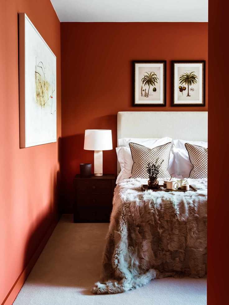 Red walls, fur blanket, textured cushion