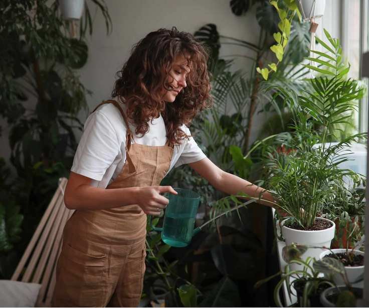 Watering houseplants with a watering can