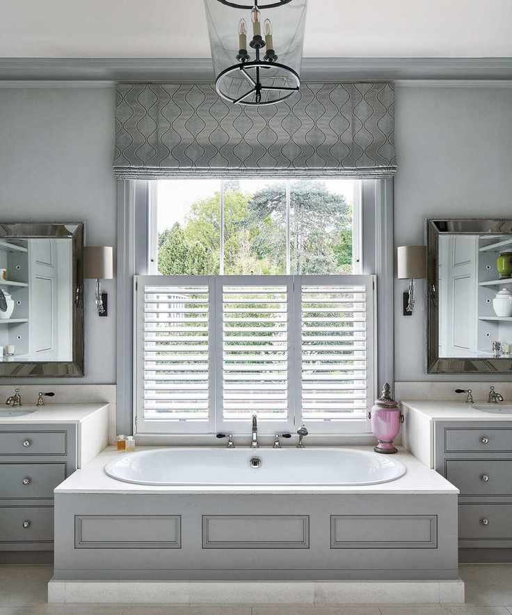 Luxury bathroom with lighting, grey walls and mirrors