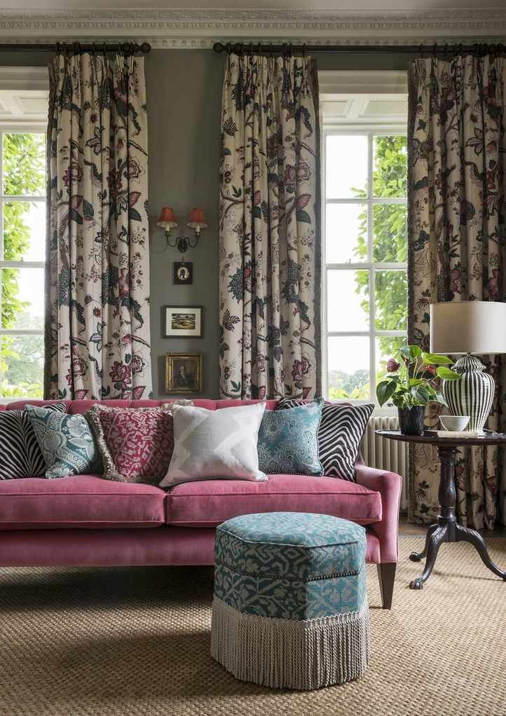 Gray living room with pink sofa and blue accents with floral print floor to ceiling curtains