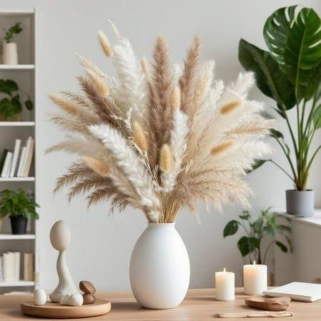 Dried Pampas Grass Decor - Natural Beige &amp; White Boho Wedding &amp; Home Decor, Elegant Floral Arrangements, Table Centerpieces, Dried Flowers for Indoor/outdoor Use, Rustic Decor,