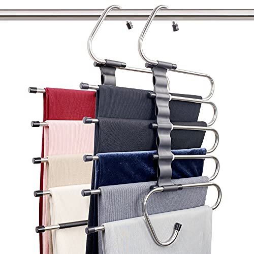Magic Pants Hangers Space Saving - 2 Pack for Closet Multiple Layers Multifunctional Uses Rack Organizer for Trousers Scarves Slack (2 Pack With 10 Metal Clips)