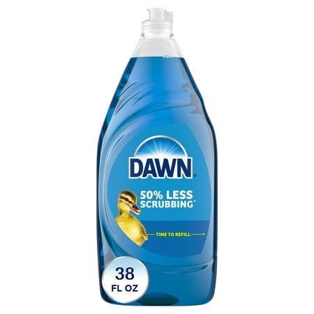 A clear plastic bottle filled with blue dish liquid, a white cap, a blue label with a yellow duckling on it.