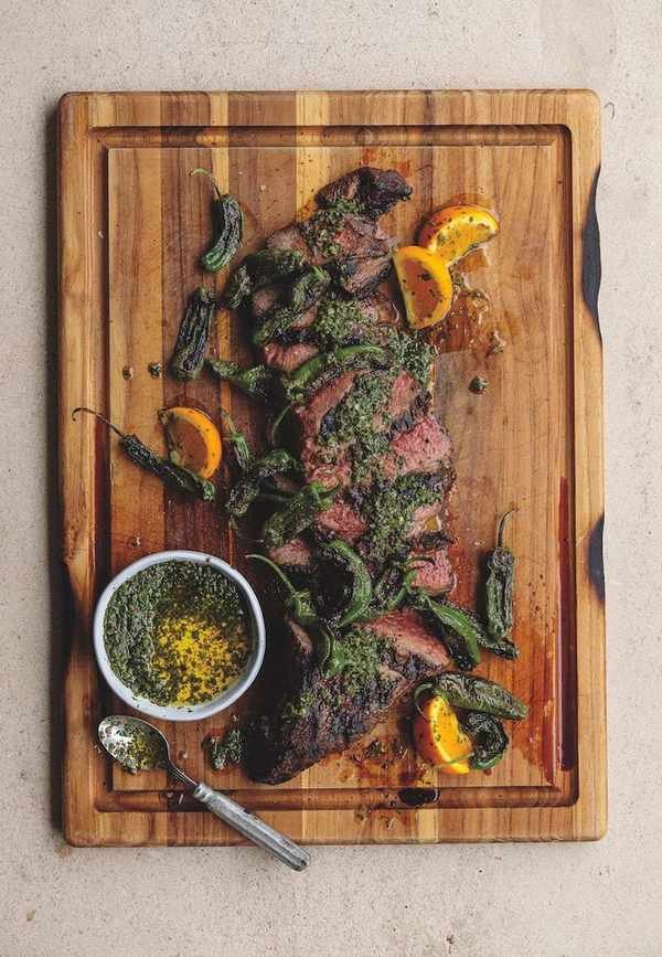 Citrus-Infused Tri-Tip with Chimichurri and Padrón Peppers