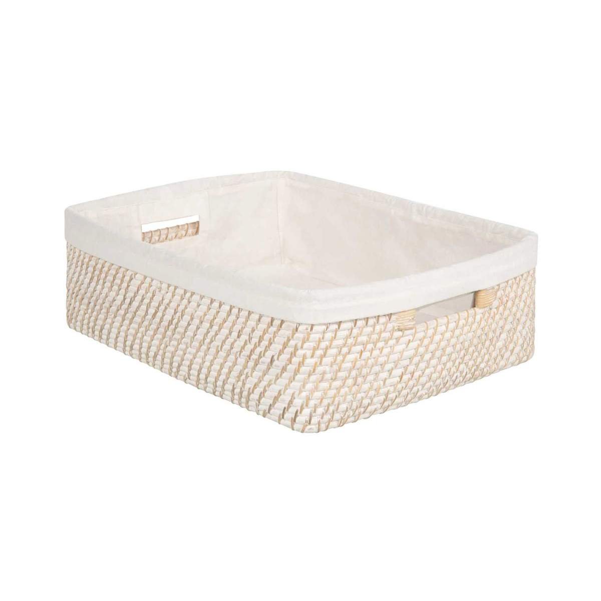 a rectangular storage basket with a fabric lining