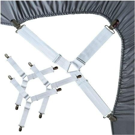 A set of three-way bed sheet suspenders, holding a gray fitted sheet in place
